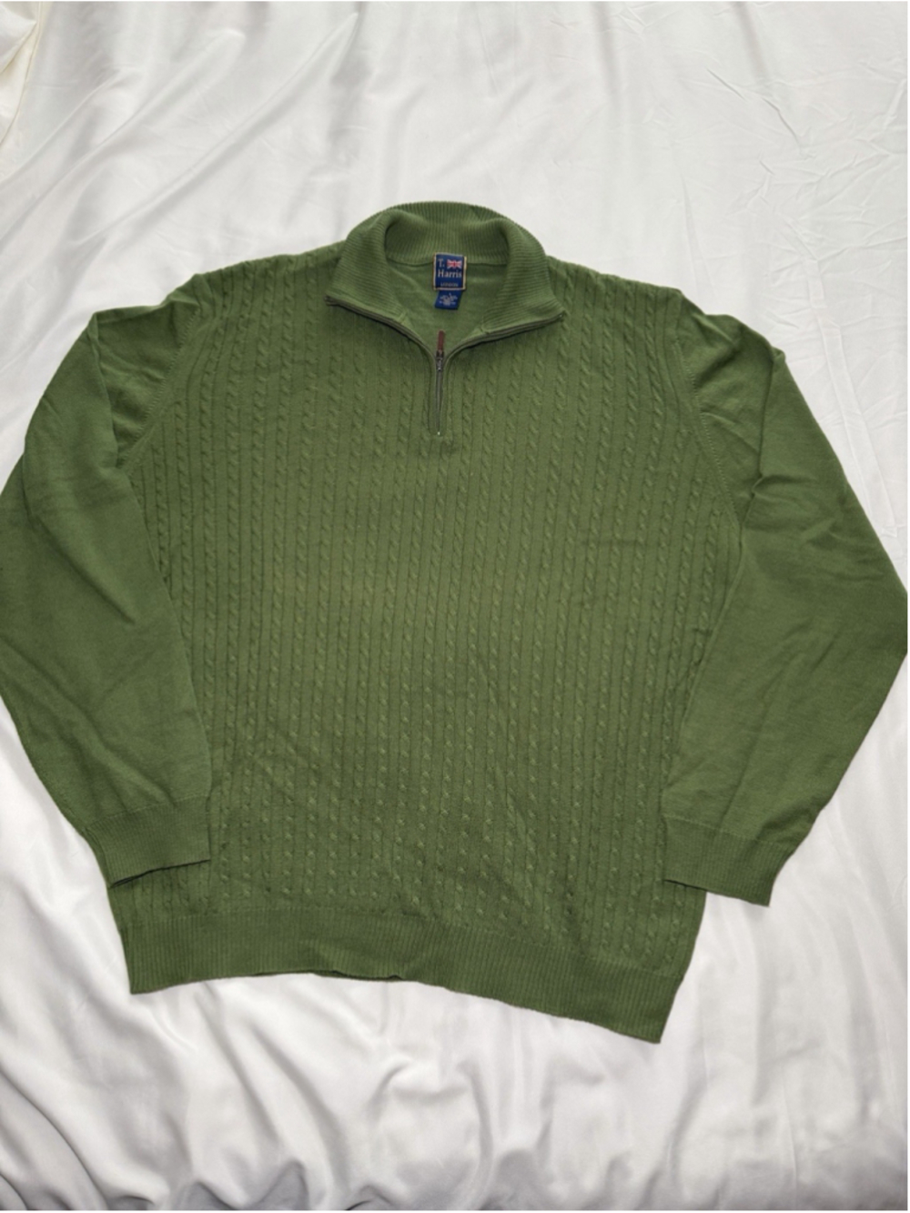 T Harris London men’s green 1/4 zip cable wool blend sweater sz L